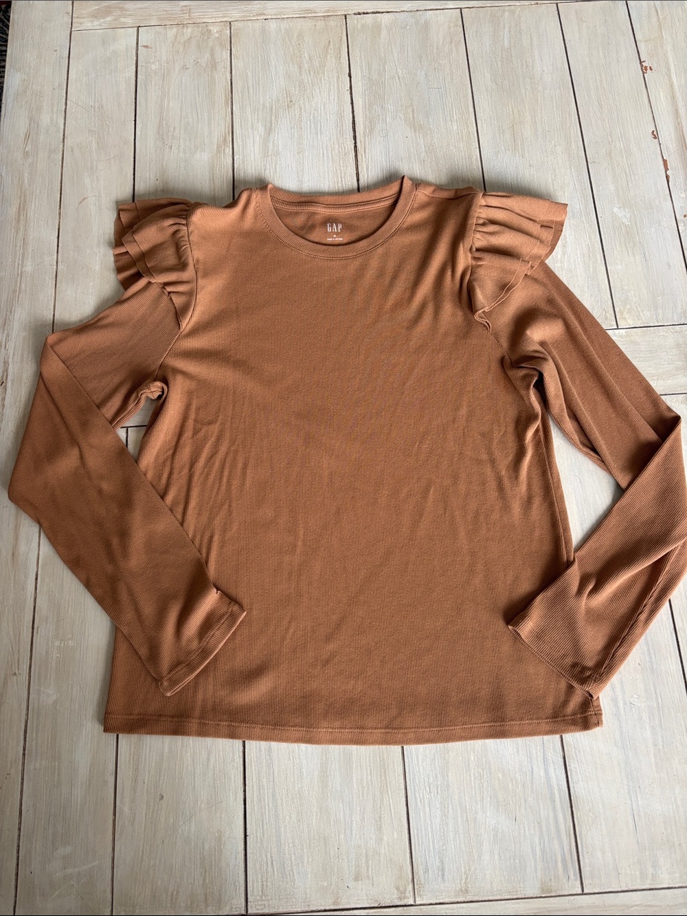 Gap Camel Brown Ribbed Ruffle Long Sleeve Tee Shirt XL